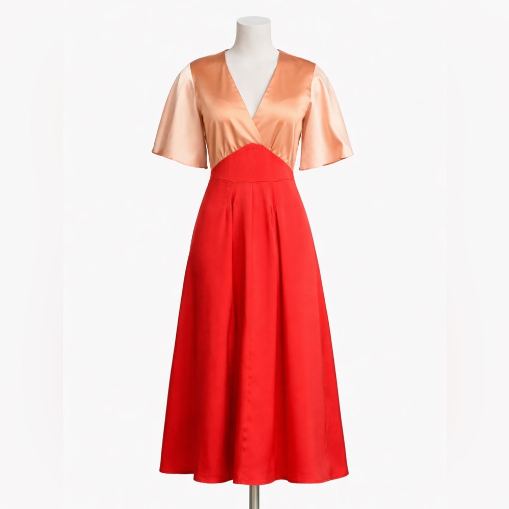 Rejina Pyo Colour-block Midi Dress | Silk Satin A-Line Designer Dress US 14